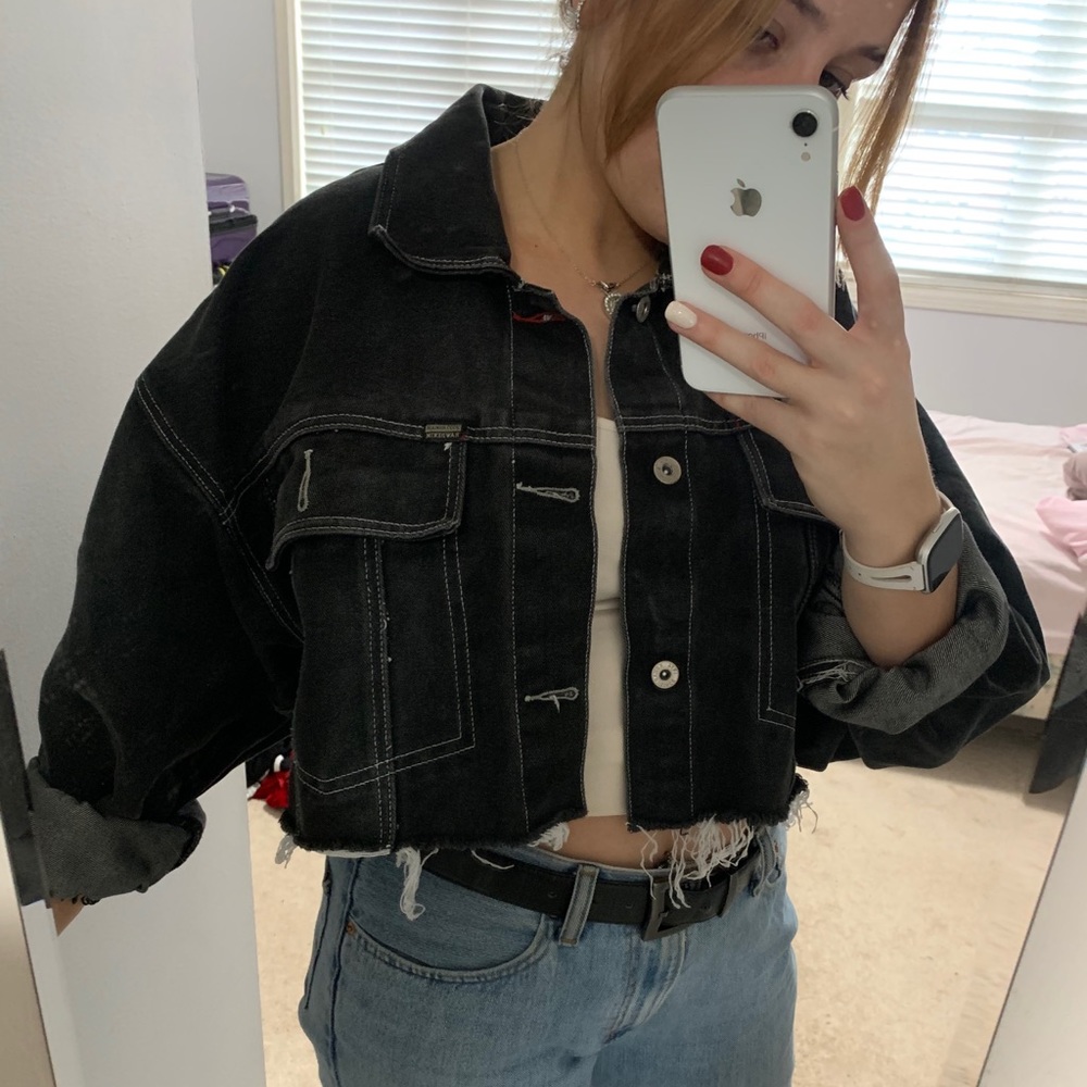 Black cropped denim jacket